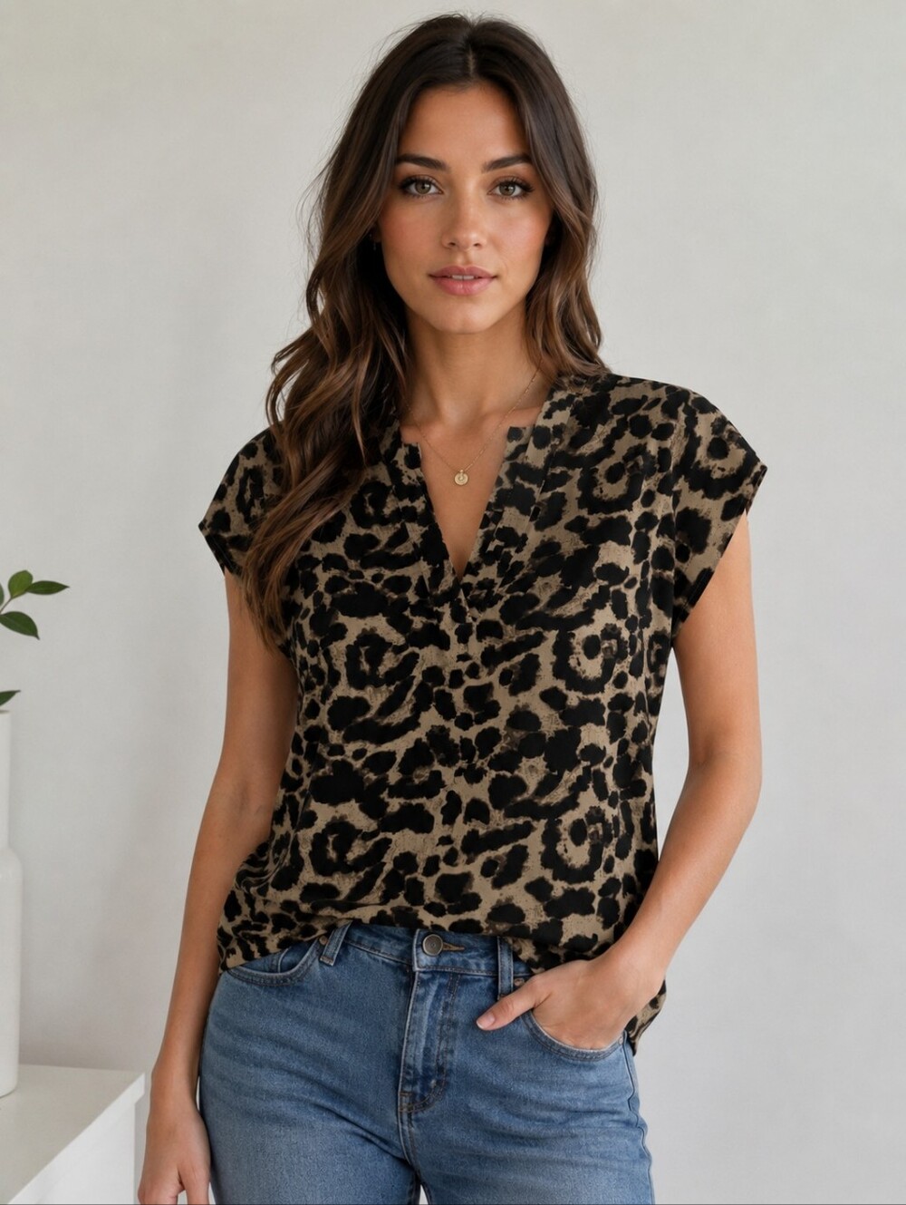 Jessica Leopard Print V-Neck Blouse Animal Print Top Size 10-12 Chic Career Casu